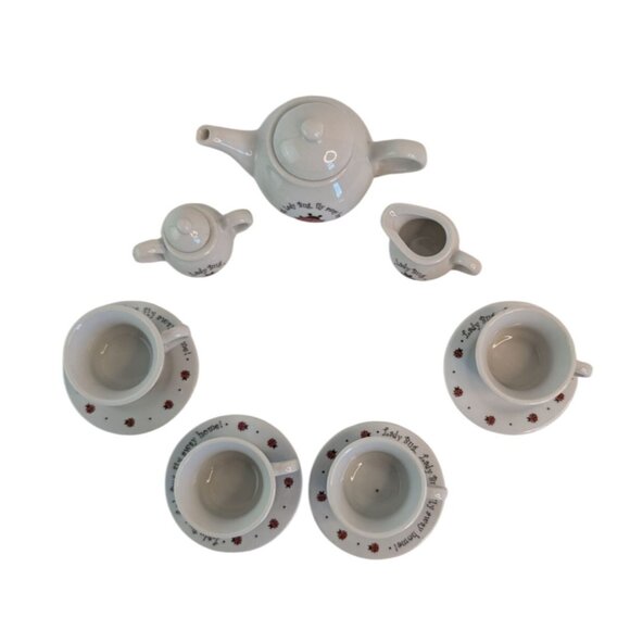 Schylling Childs Miniature Tea Set Ladybug Fly Away Home Collectible White Red - Picture 2 of 11
